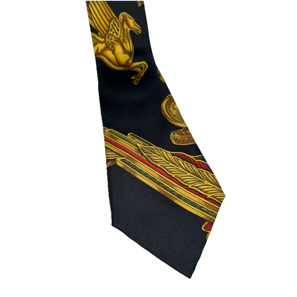 HERMES Silk Scarf Print Baroque Pegasus Black Silk Neck Tie Made in France